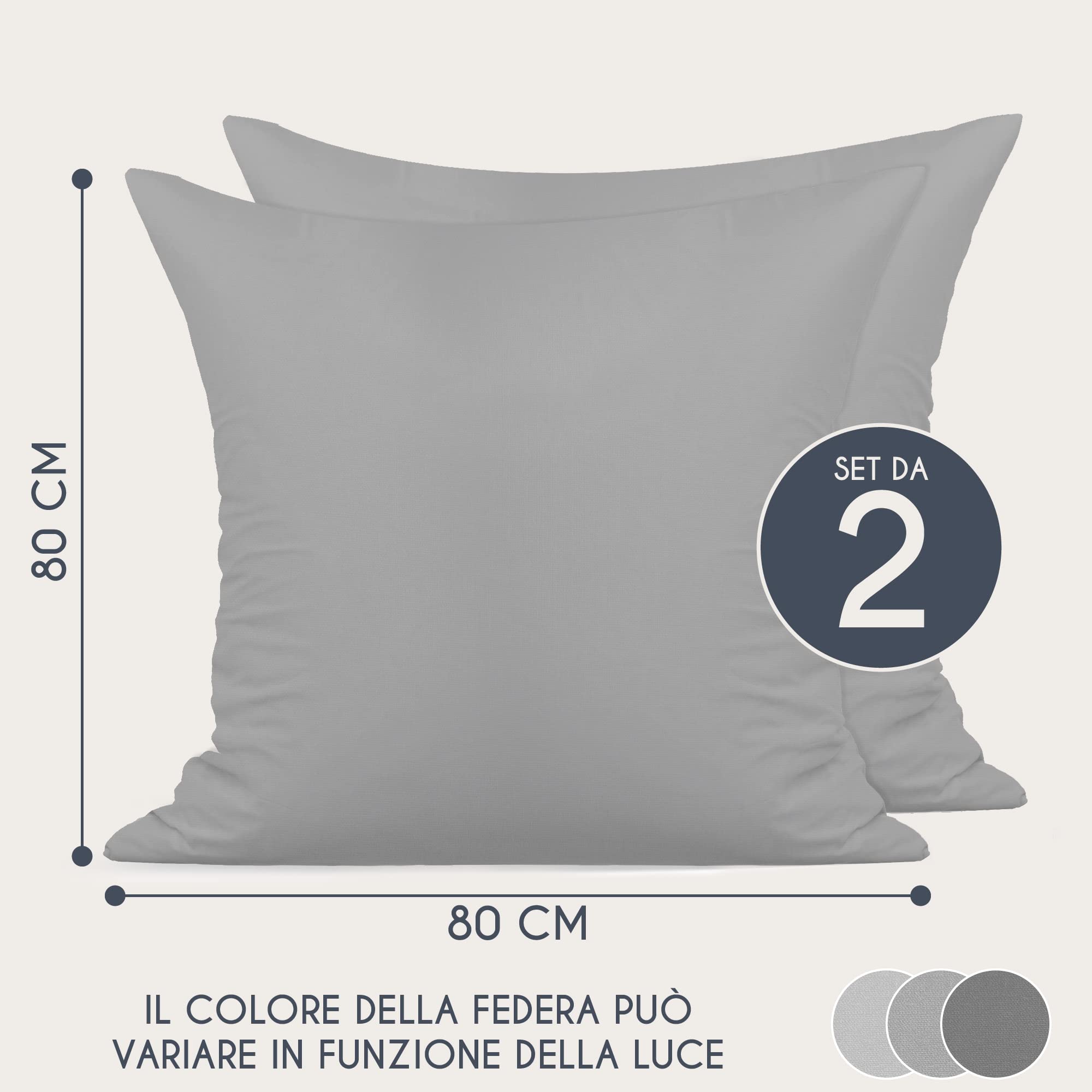 Dreamzie Federe 80x80 Cotone Rinforzato (Set da 2) - Grigio Chiaro - Trama Fitta a 57 Fili/cm² - Federe Cuscini 80x80 cm - Federe Cuscino 80x80 Certificate Oeko Tex