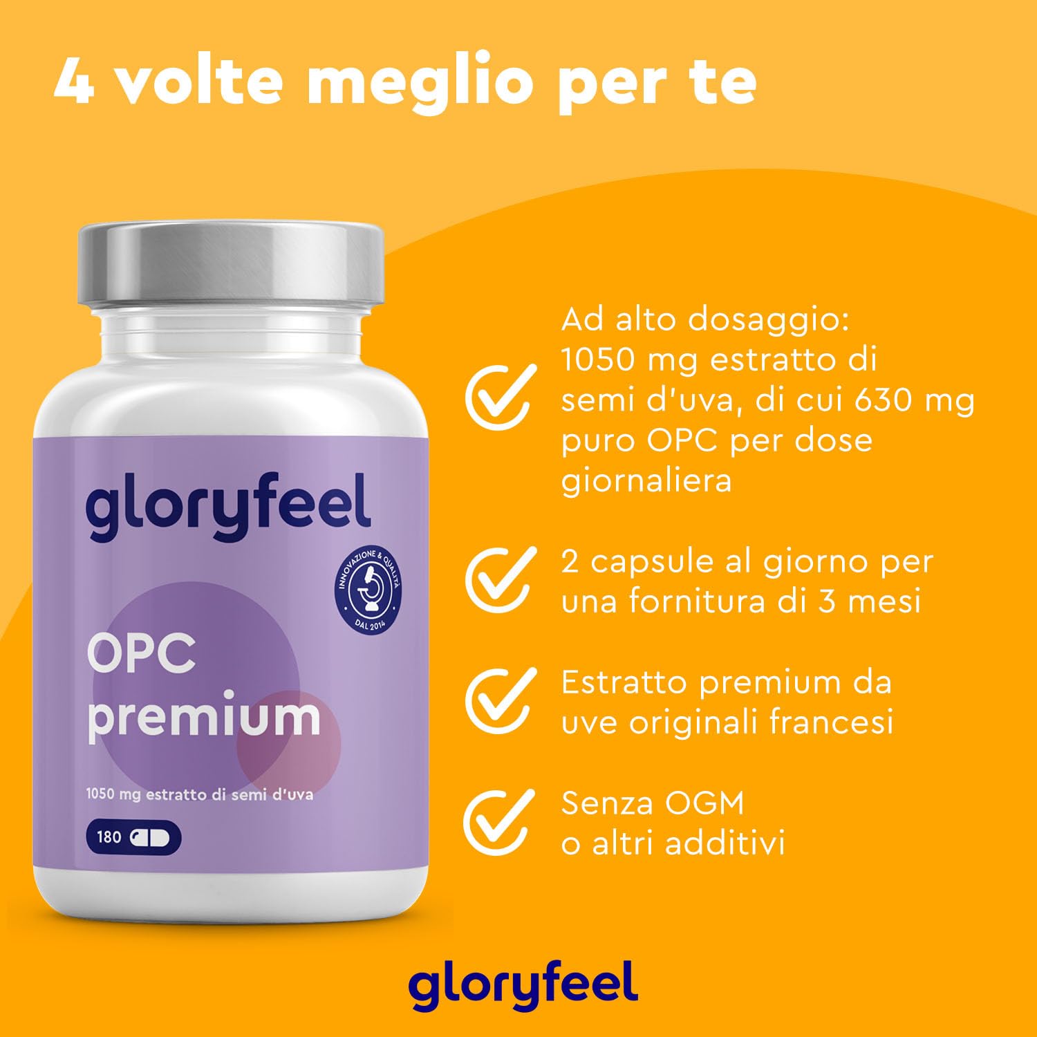 OPC Estratto di Semi d'Uva 95% – 630 mg OPC Puro per Dose – 180 Capsule Vegane – Alto Dosaggio – Antiossidante Naturale – Per Microcircolo, Vene e Capillari – Testato in Laboratorio