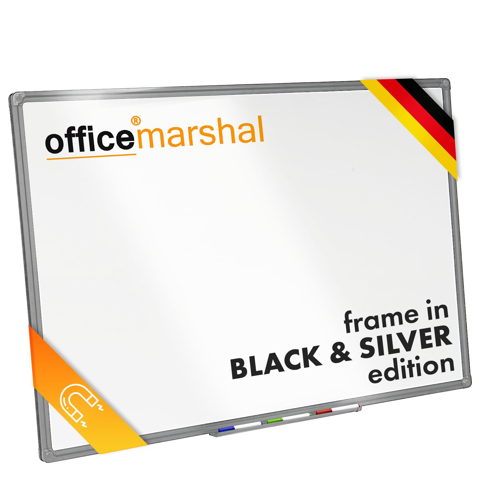OfficeMarshal Tableau magnétique Whiteboard 60 x 90 cm avec cadre en aluminium argent | Tableau blanc magnétique avec rangement pour stylos | Tableau mémo magnétique effaçable à sec (cadre argenté)