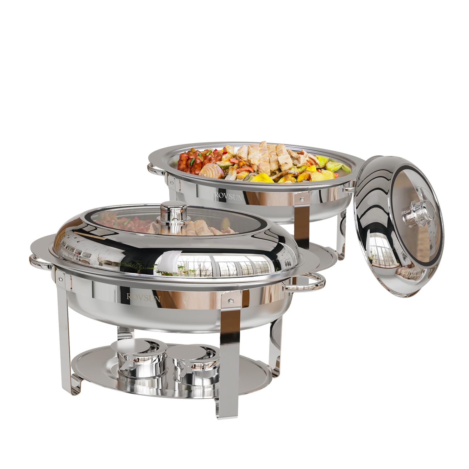 ROVSUN Juego de 2 platos ovalados para buffet, juego de platos de acero inoxidable de 6 cuartos de galón con tapa de cristal, chafers y calentadores de buffet para fiestas, catering, bodas, banquetes,