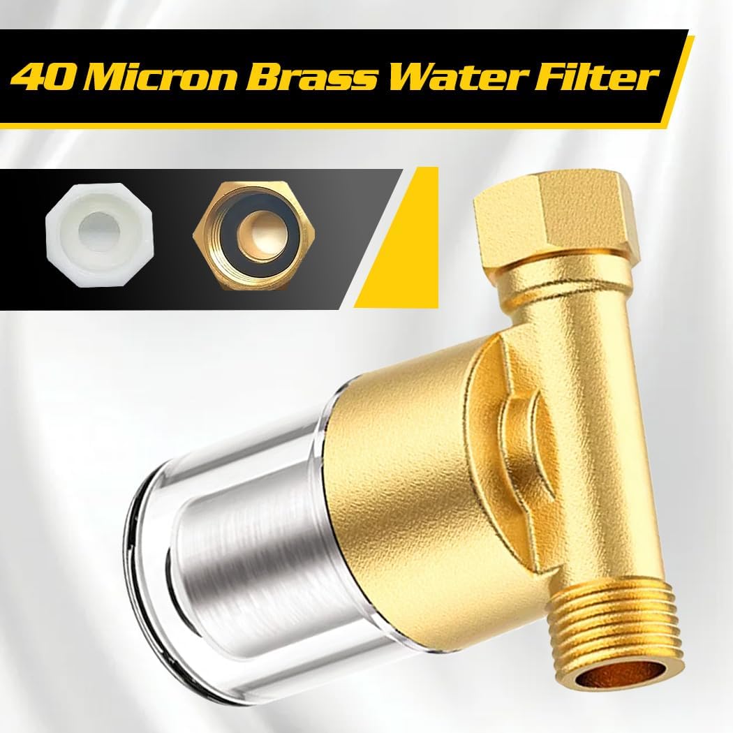 40 Micron Brass Sediment Filter, Inline Water Filter fits 1/2" NPT & 3/4" GHT, Visual Sediment Filter for Washing Machines to Ensure Cleaner Clothes, Also for Water Heaters, RVs, Boats, Garden Hoses - Image 2