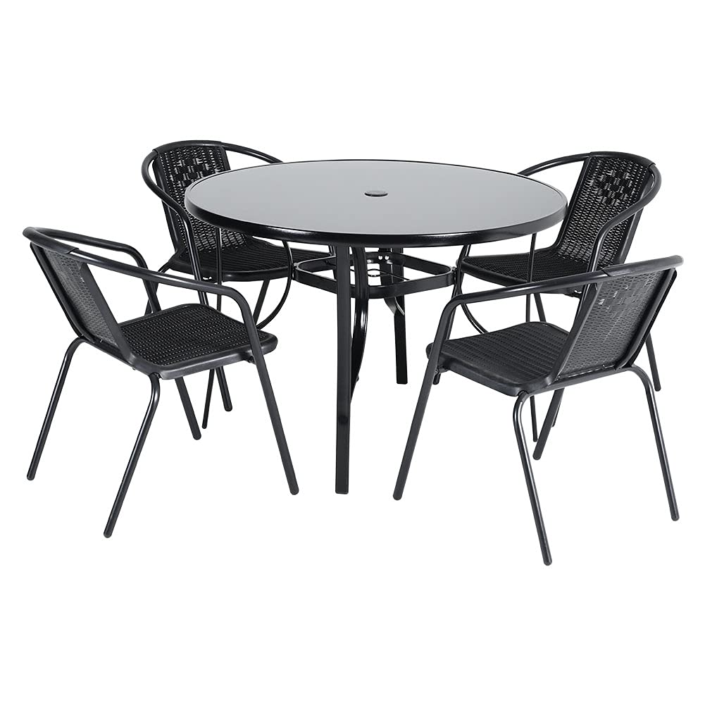 The Fellie Garden Furniture Set Outdoor Dining Table and Chairs Round Patio Tempered Glass Table Top with Umbrella Hole Wicker Stacking Chairs Seat（105cm Round Table+4PC Chair）