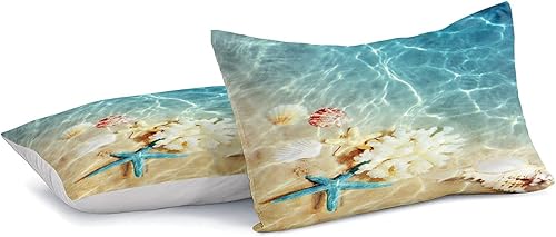 Miniatura 4 de Juego de ropa de cama azul (C-02, individual)  1 edredón con funda de almohada, patrón de vida marina costera, juego de ropa de cama para niños y