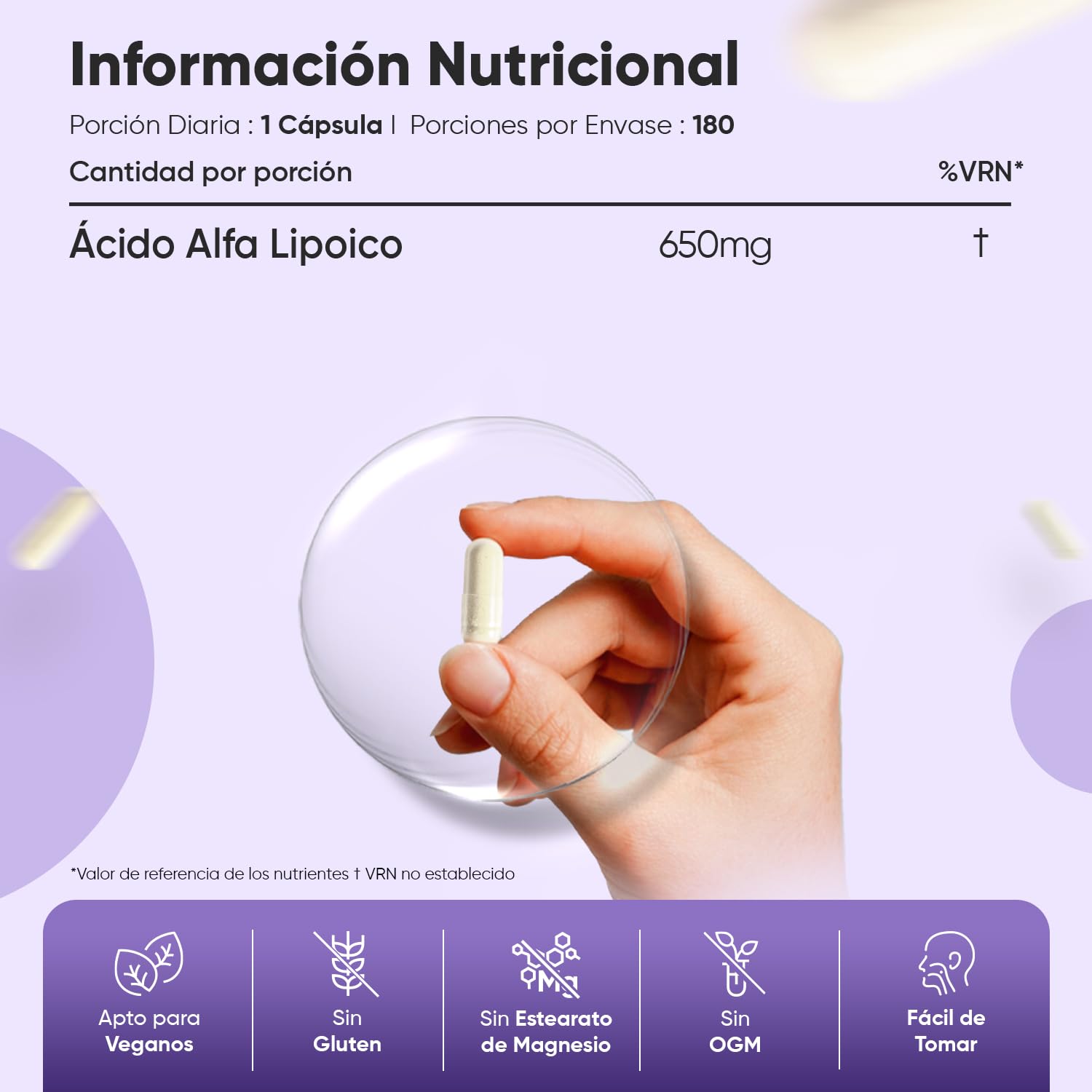 Ácido Alfa Lipoico 650 mg - 180 Cápsulas de ALA 100% Puro para 6 Meses - Sin OGM ni Aditivos, Apto para Dietas Vegana, Sin Estearato de Magnesio y Sin Gluten