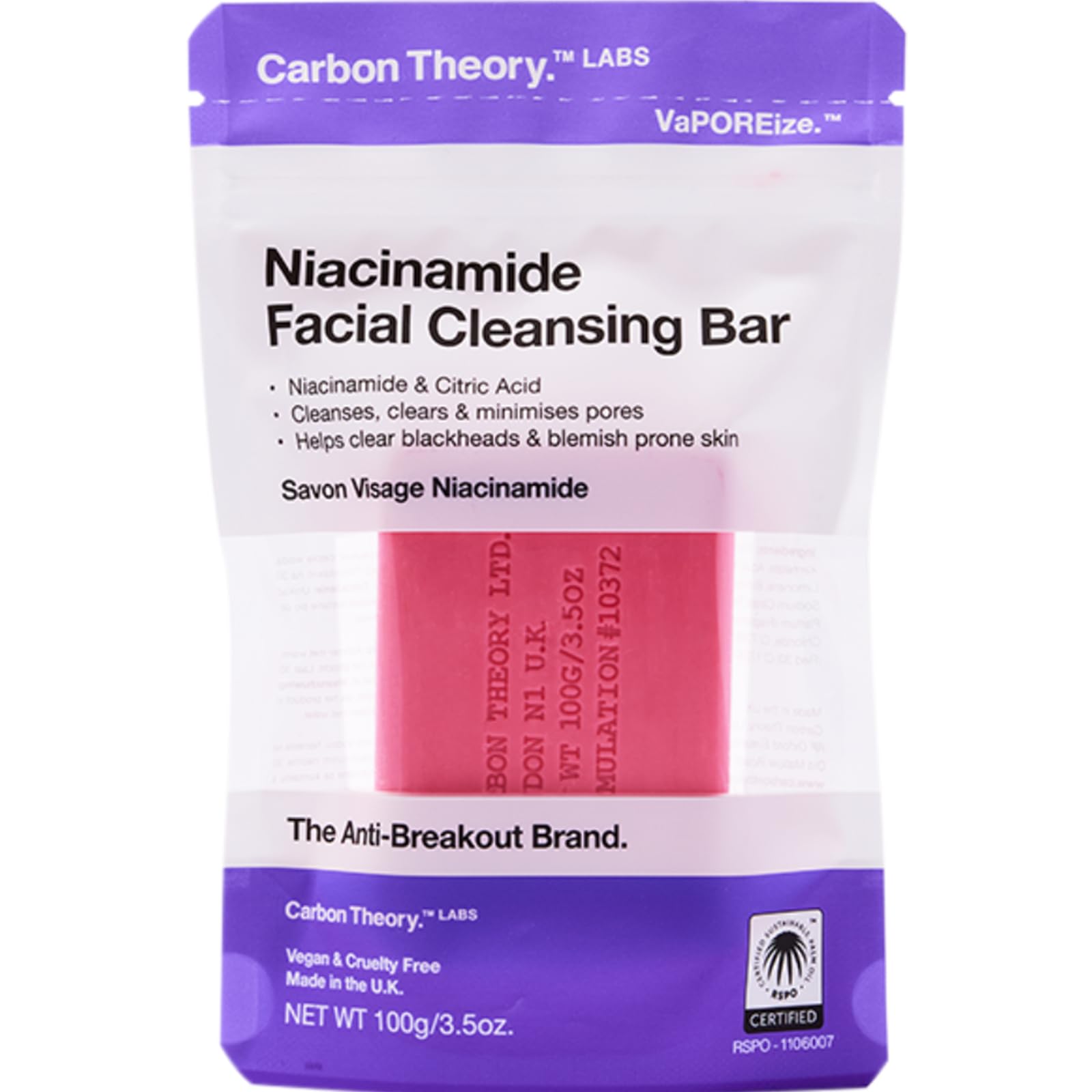 Carbon Theory VaPOREize Niacinamide and Citric Acid Face Cleansing Bar, Soap Bar for Acne Prone Skin Gently Cleanses