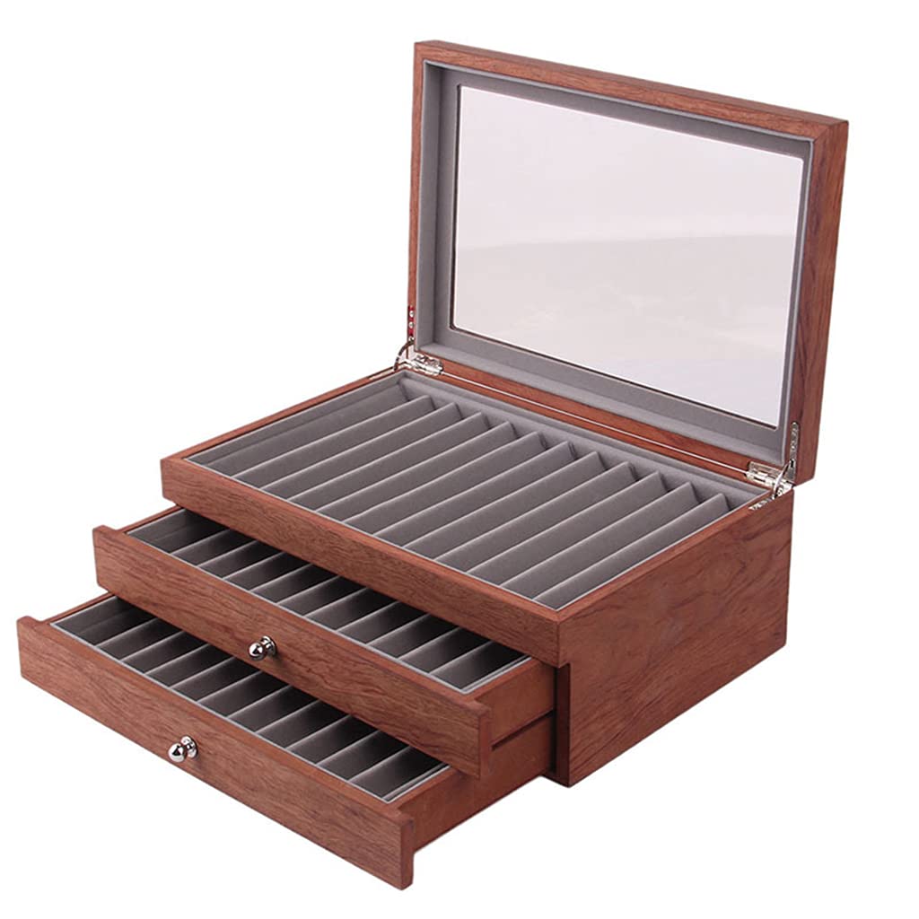 kdjsic 34 Pieces Wood Pen Box 3 Levels with Drawers Fountain Pen Display Organizer Box with Glass Window Great Gift for Friend
