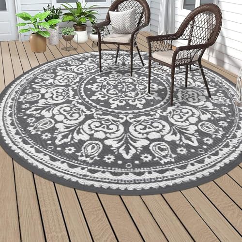 Round Outdoor Rug 200cm, Round Garden Rug Large, Washable Foldable Crystal Velvet Outdoor Patio Rugs Weatherproof, Non Skid Outside Carpet for Backyard, Porch, Balcony, Deck