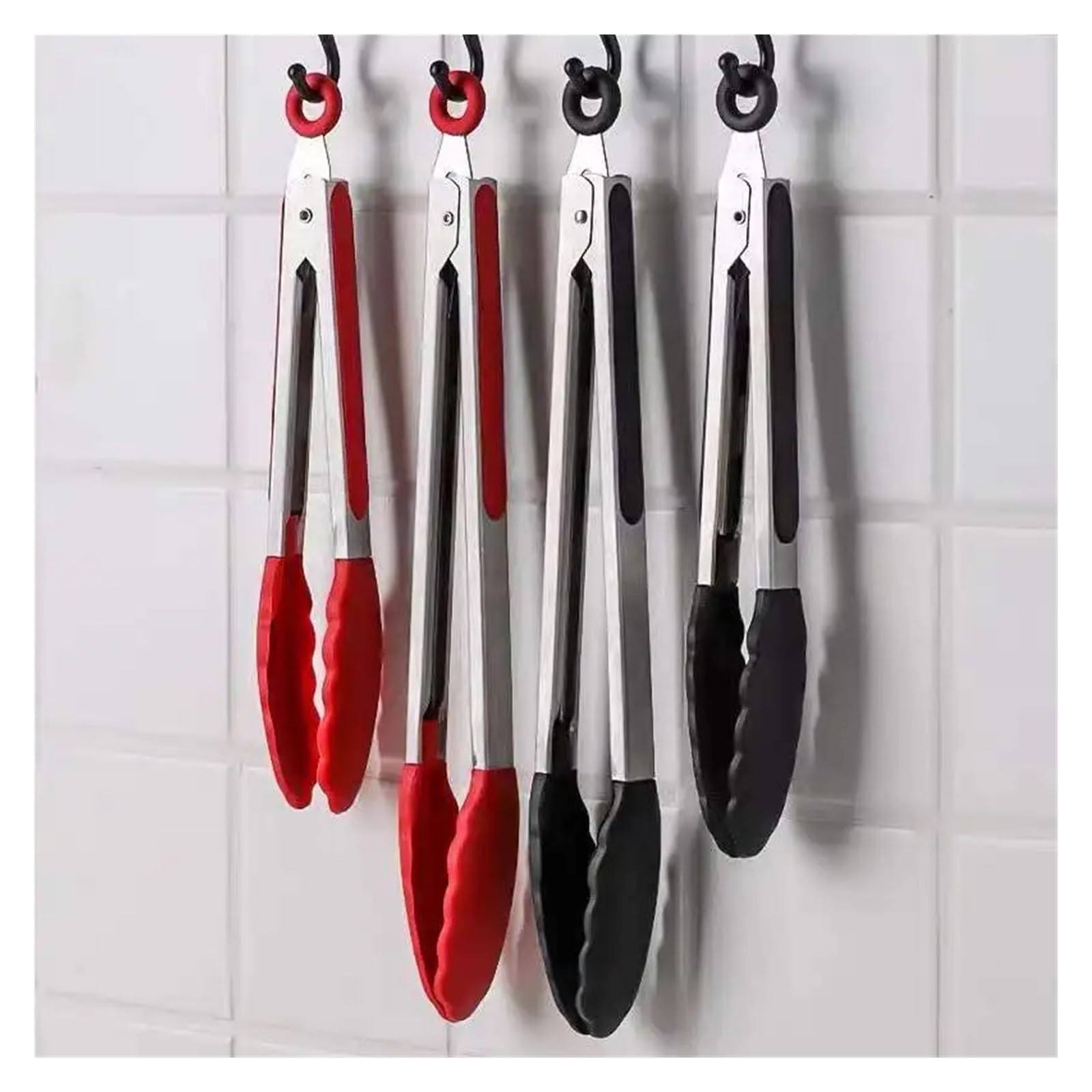 3 paquetes de pinzas multifuncionales acero inoxidable silicona 8/10/13 pulgadas - for bistec(Red-3packs)