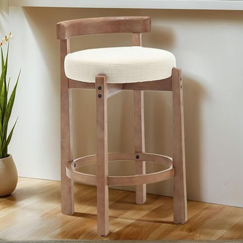 LukeAlon Mid Century Linen Single Counter Stool, Upholstered 26.5" Seat Height Low Barstools with Natural Wood Legs Round Low Back Kitchen Stool with Footrest for Dining Room, Beige