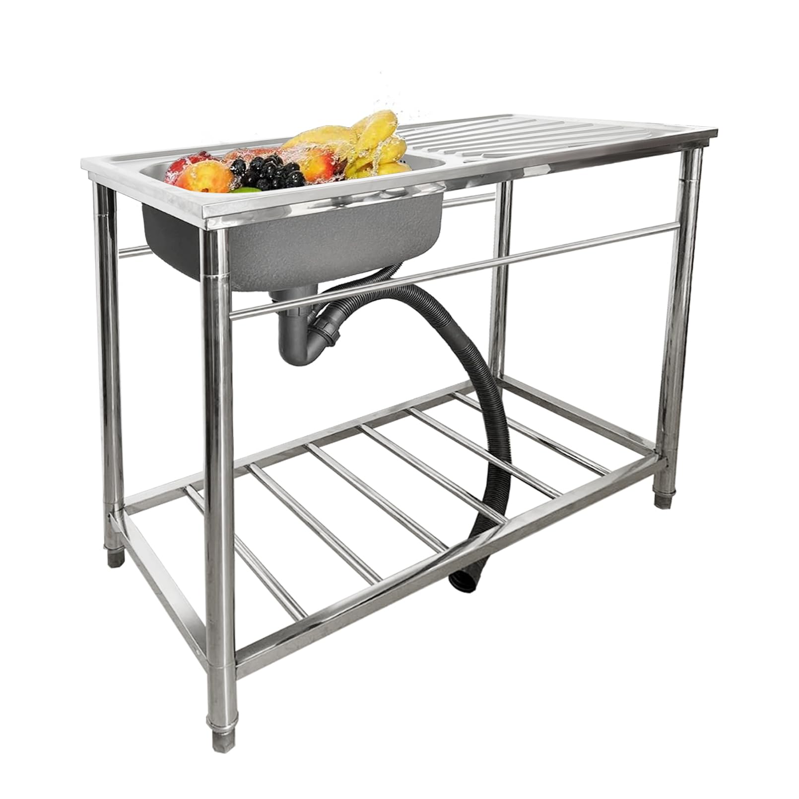 CZYWKDDPP Freestanding Stainless Steel Kitchen, Commercial/Industrial w/Workbench & Storage Shelves, Washing Hand Basin Utility with Faucet for Laundry, Silver