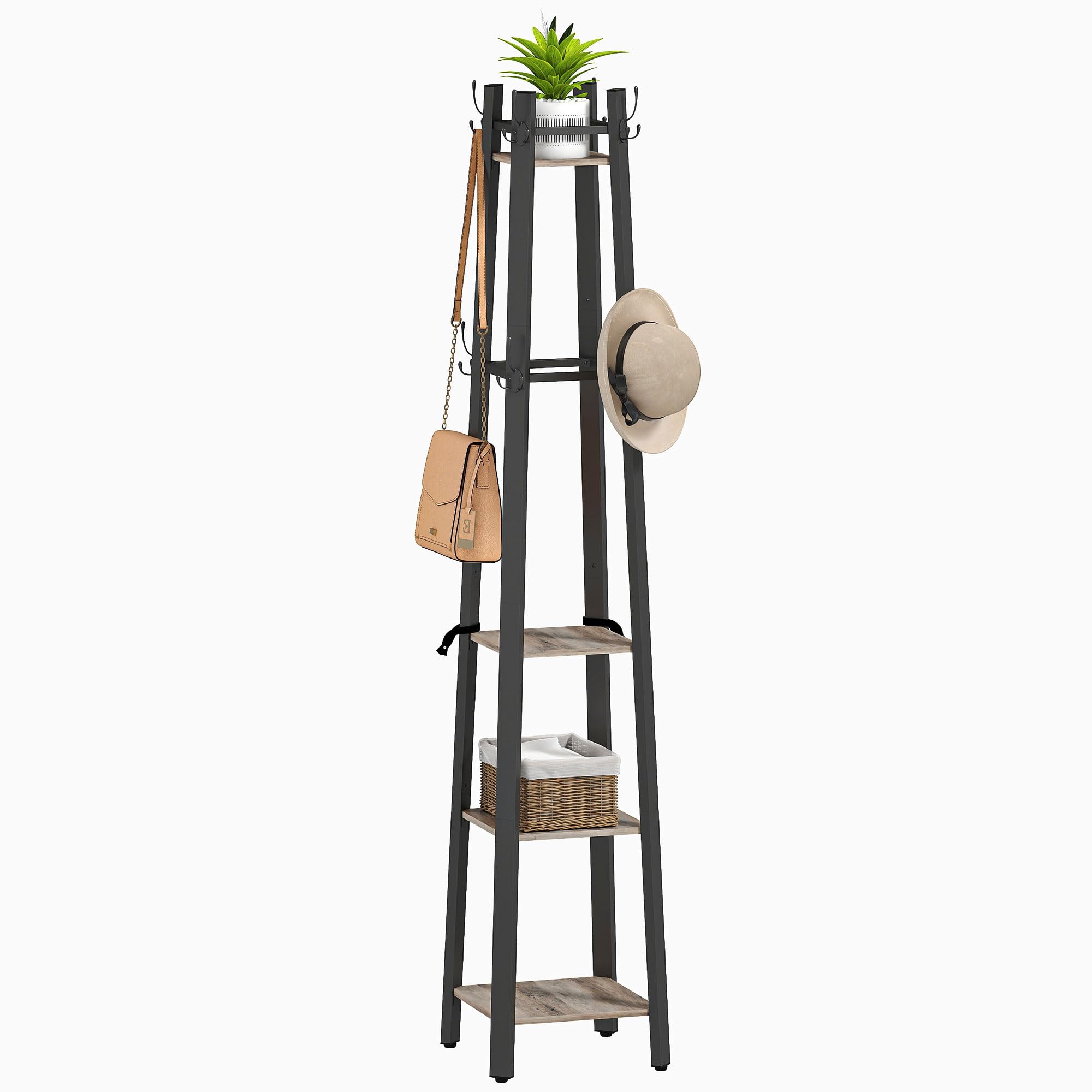 HOMCOM Coat Stand, 4 Tier Freestanding Coat Rack with 8 Hooks and 4 Shelves for Clothes, Bags, Hats, Industrial Clothing Organiser for Home, Entryway, Hallway, Bedroom, Grey