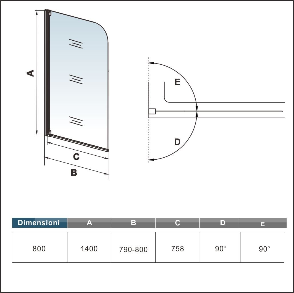 Parete Per Vasca Anta singola 80xH.140cm Sopravasca Vetro Temperato 4mm | Telaio in alluminio con trattamento di elettrofores,Girevole，Reversibile