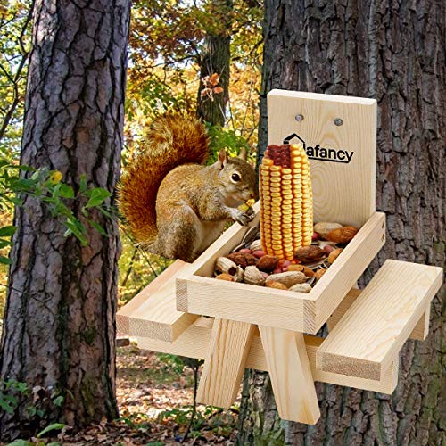 Squirrel Picnic Table Feeder, Lalafancy Wood Table Feeder for Outside with Fenced Tabletop & Corn Cob Holder, Squirrel and Chipmunk Gifts for Squirrel Lovers, Built Strong from Pine