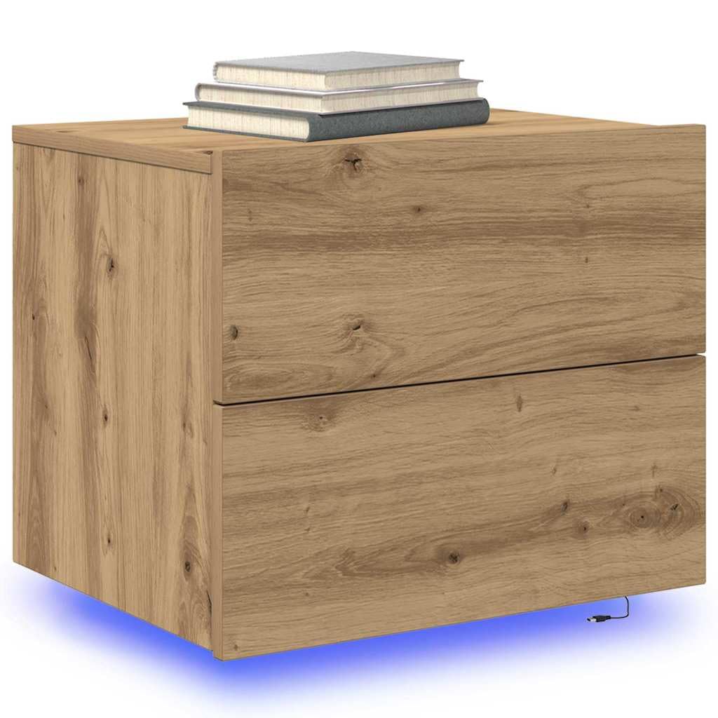 Comodino in rovere Artisan, 2 pezzi, 50 x 39 x 41 cm, montaggio a parete con striscia LED, alimentato tramite USB, 2 cassetti, vano portaoggetti per camera da letto, scaffale