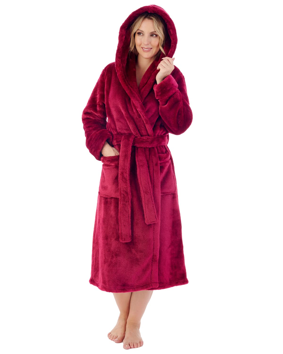 Slenderella Women's Raspberry Luxury Hooded Wrap Dressing Gown Thick Flannel Fleece Bath Robe Small (Raspberry)