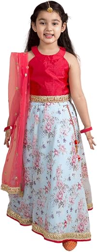 Pspeaches Girls Polyester Red Blue Floral Readymade Lehenga Choli Set