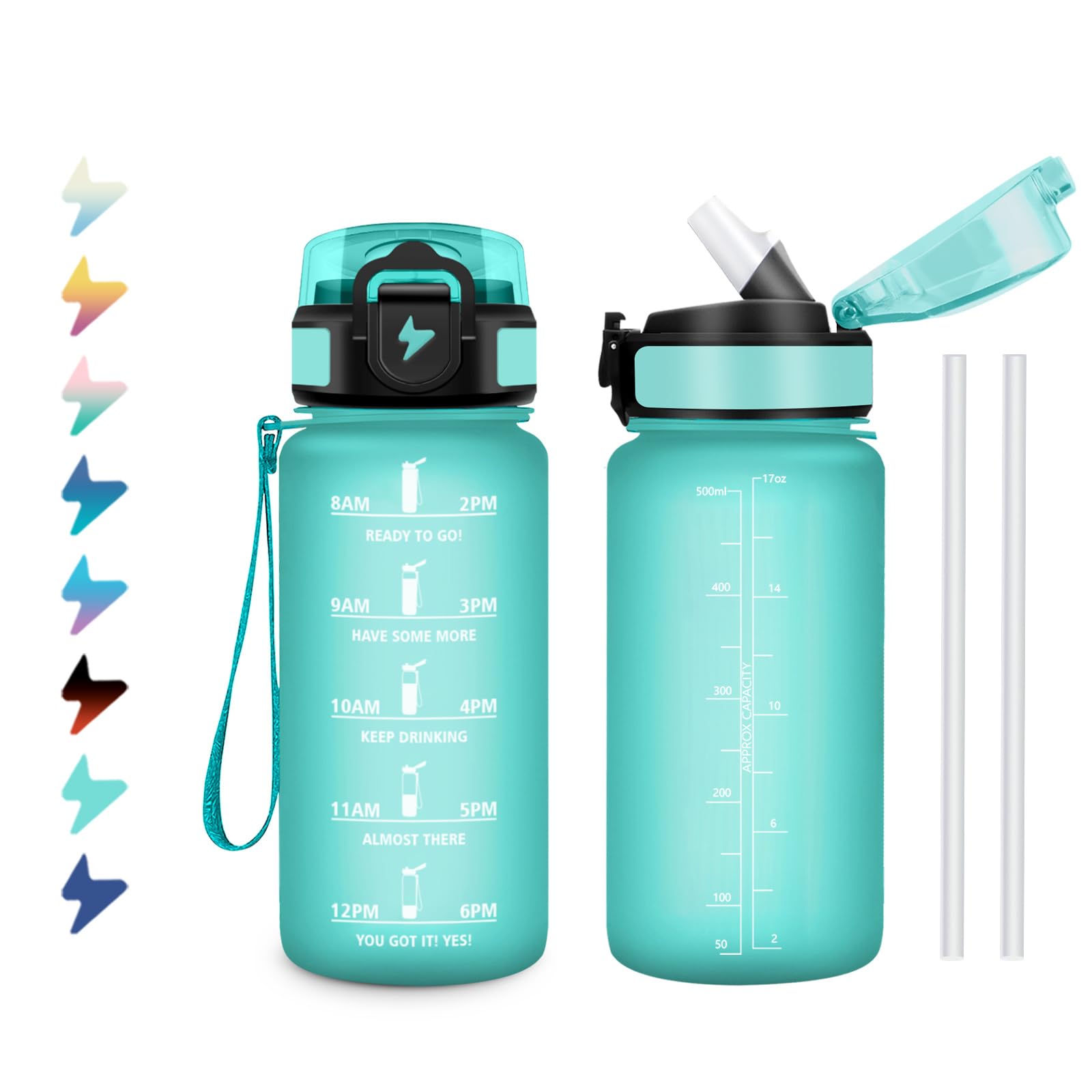 Borraccia Bambini 500ml, Bottiglia con Cannuccia, Facile Pulizia, a Prova di Perdite, Riutilizzabile, Bottiglia Acqua Motivazionale con Indicatore del Tempo, per Ufficio, Scuola, Bambini, Gym