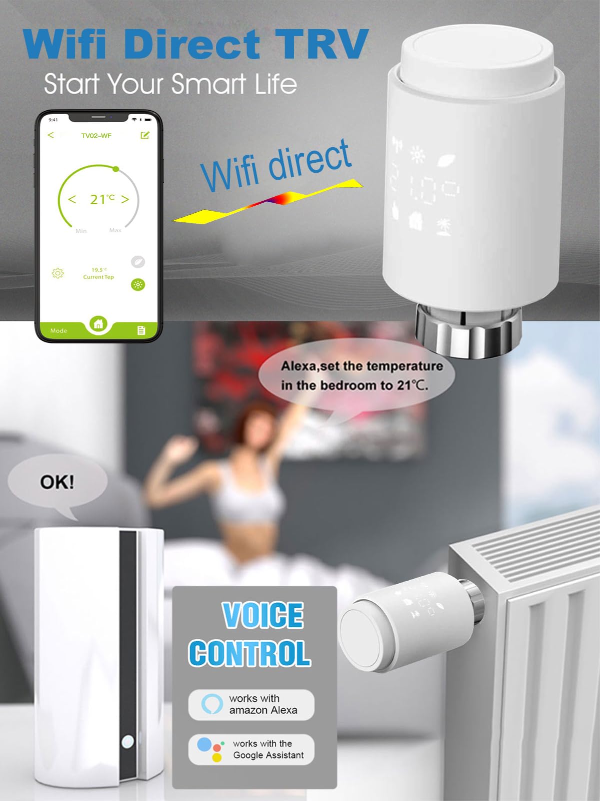 Válvula Termostática Radiador WiFi Sin Puerta de Enlace Alexa Google Home