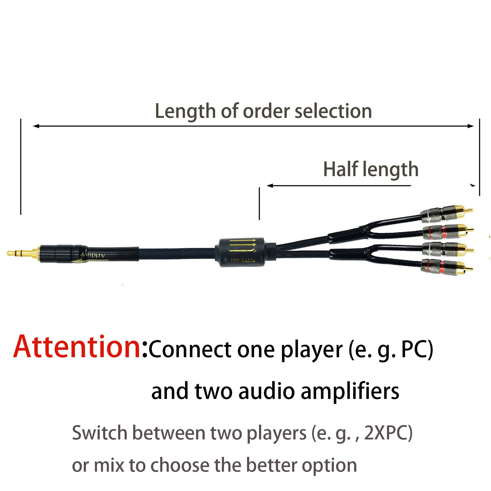 Arklove Cable divisor de salida RCA de 3,5 mm de entrada auxiliar blindado de 10 pies de 3,5 mm macho a 4 RCA macho en cable de altavoz dual chapado en oro de 24 quilates