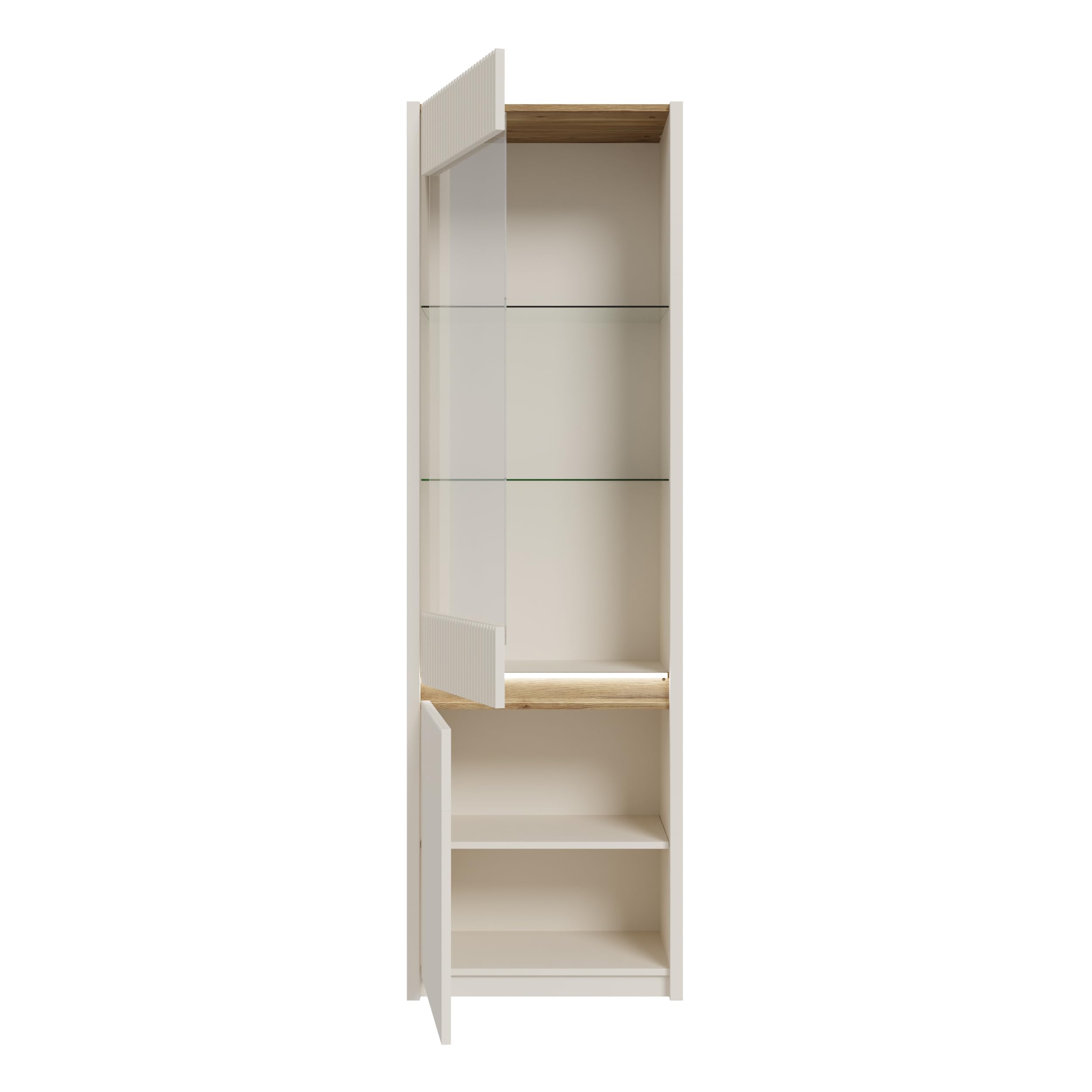 Forte Oak SQUERE Vitrine 60, Elegante Wohnzimmervitrine mit 2 Türen, Glasfront und Beleuchtung, Holzwerkstoff, Mauvella Eiche Holzdekor/Sand, 60,6 cm breit x 197,9 cm hoch x 41,5 cm tief