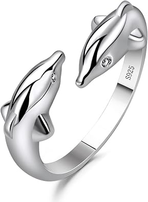 BG&WLing Double Dolphin Ring for Women, Silver Adjustable Open Ring | Dolphin Gift, Open Band Design, Animal Jewelry, Womens Ring, Jewelry for Animal Lover