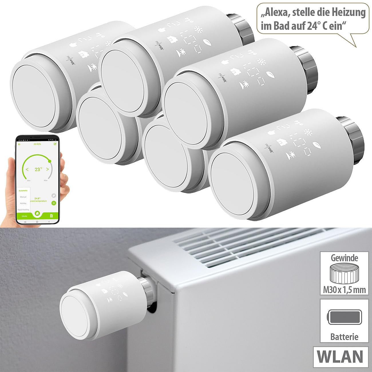 revolt WiFi-Thermostat Heizung: 6er-Set programmierbare WLAN-Heizkörperthermostate, App, Sprachbefehl (Heizung Thermostat programmierbar, Thermostat-Köpfe, Zeitschaltuhr)
