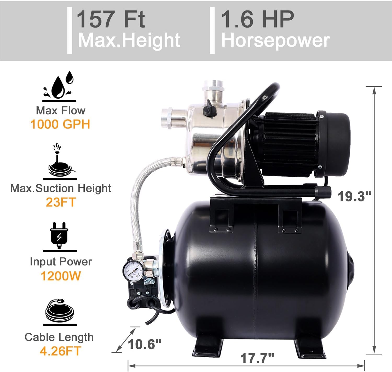 1.6 HP Shallow Well Jet Pump with Pressure Tank, 1000 GPH, Stainless Steel, 110V Automatic Water Booster Pump for Garden, Home, Lawn Irrigation, and Water Transfer,Black