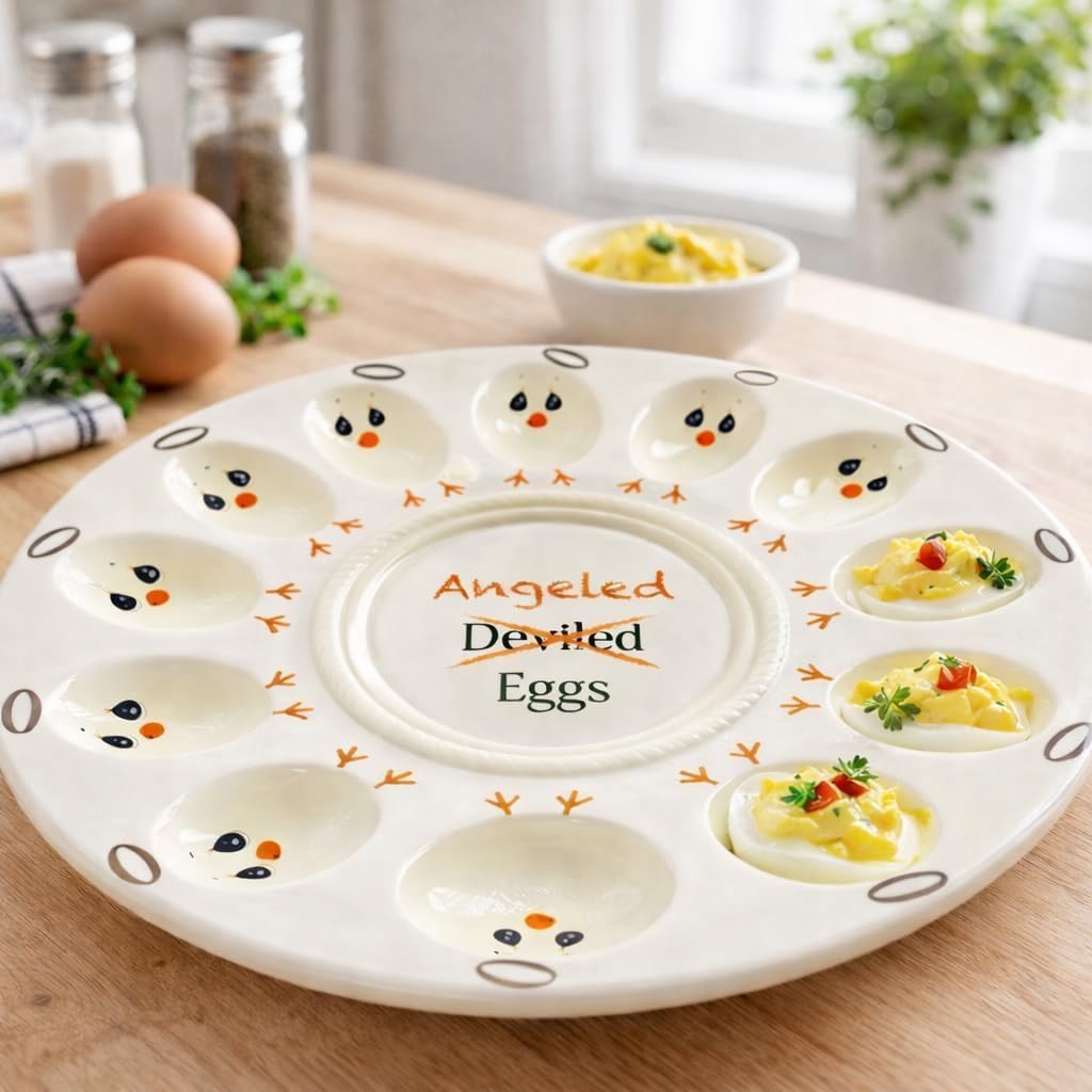Precious Moments Egg Platter | Angeled Eggs Ceramic Platter | Easter Home Decor | Deviled Egg Plate | Easter Egg Platter | Housewarming, Hostess Gift | 12 Egg Spots