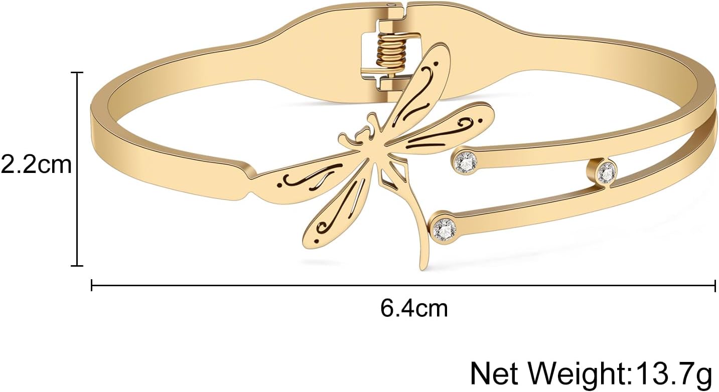 Stainless Steel 18K Gold Silver Plated Rhinestone Cute Dragonfly Bangle Hollow Out Cuff Bracelets Spring Summer Insects Jewelry Gifts For Women Charms - Image 5