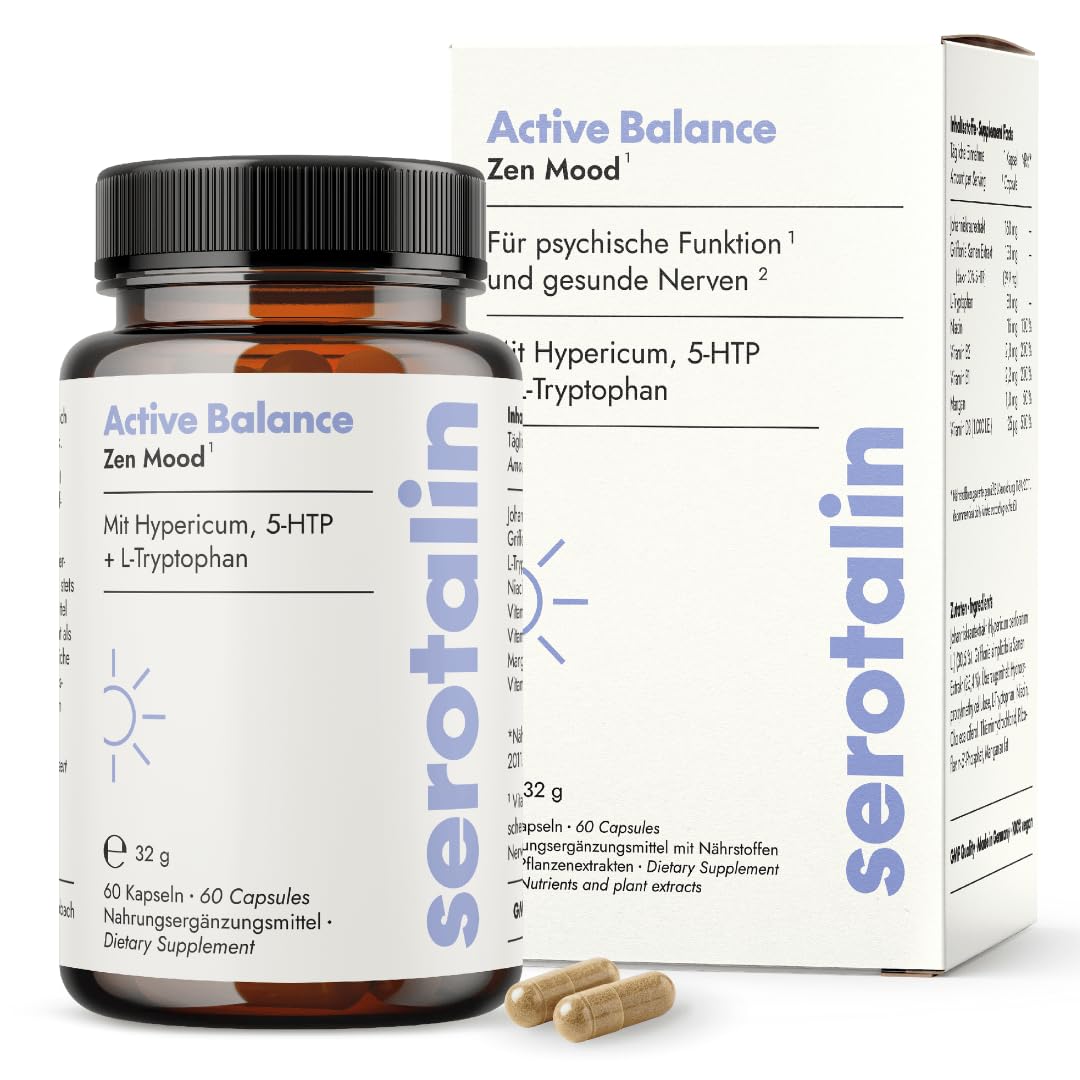 serotalin Active Balance Zen Mood | 60 hochdosierte Johanniskraut Kapseln mit Griffonia & L-Tryptophan, Vitamin D3, B-Komplex & Mangan | Ohne Koffein | Vegan