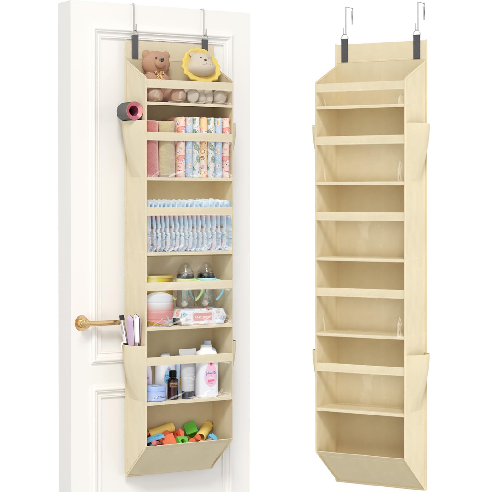Lifewit Over the Door Storage, Clear Hanging Organiser with 4 Side Pockets, Anti Tilt 40 lbs Load Behind Door for Dorm, University Essentials, Room, Bedroom, Nursery, 6 Section, Beige