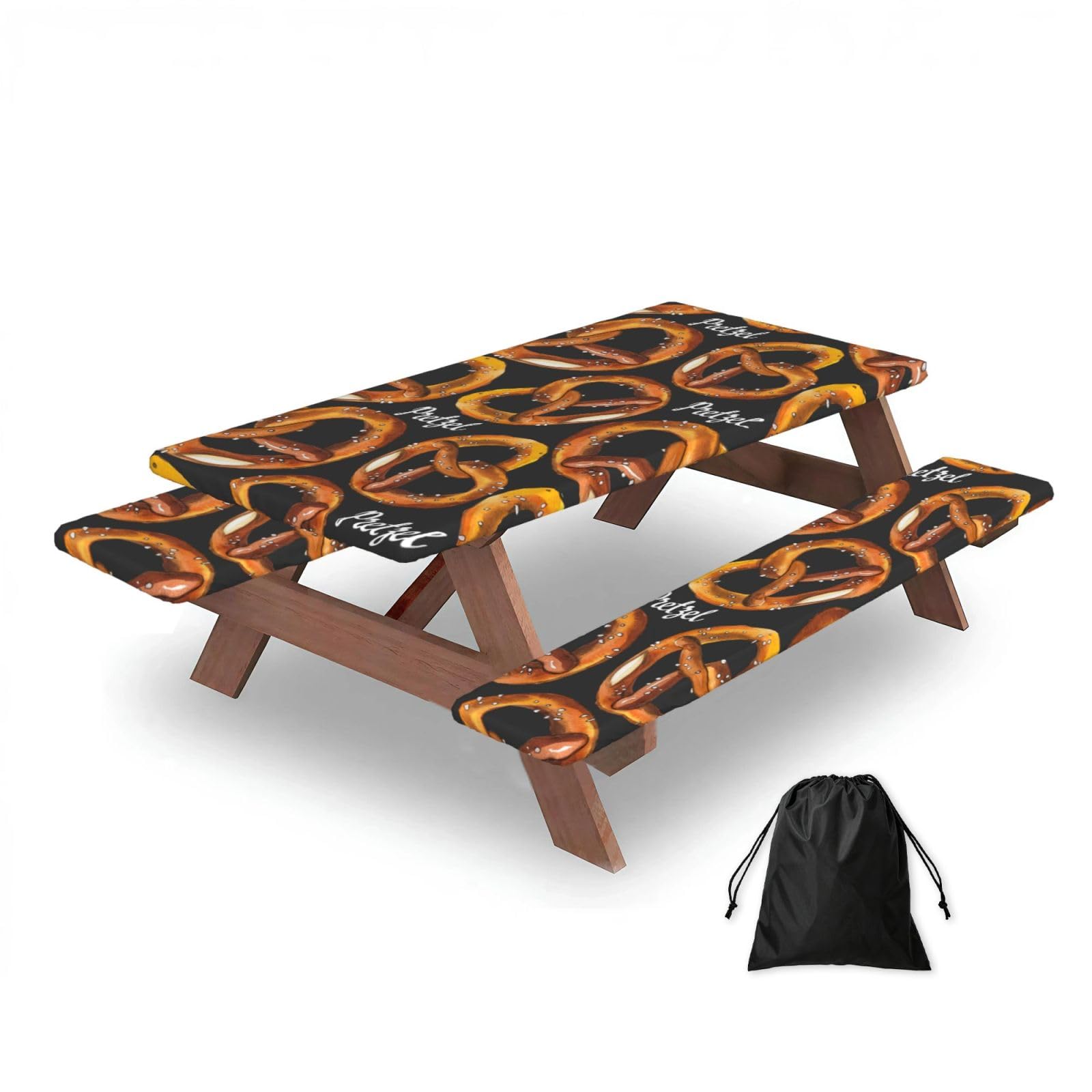 Dopklna As Picture Delicious Pretzel, Picnic Table Cover With Bench Covers -Waterproof Elastic Fitted Tablecloth For Garden Camping Patio 76X152cm