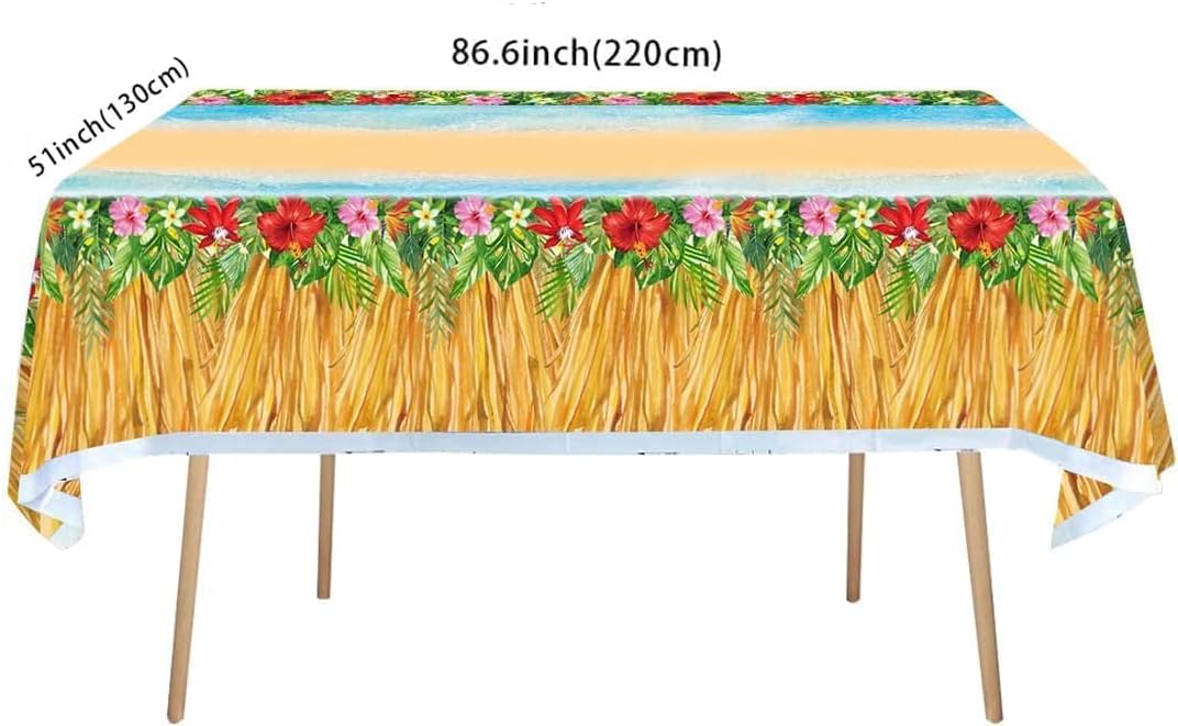 3Pcs Summer Ocean Beach Tablecloths 86x51in Hawaii Luau Grass Skirt Table Cloth Tropical Palm Polynesia Hawaiian Aloha Party Table Cover Decoration Princess Girl Baby Birthday Decor Supplies