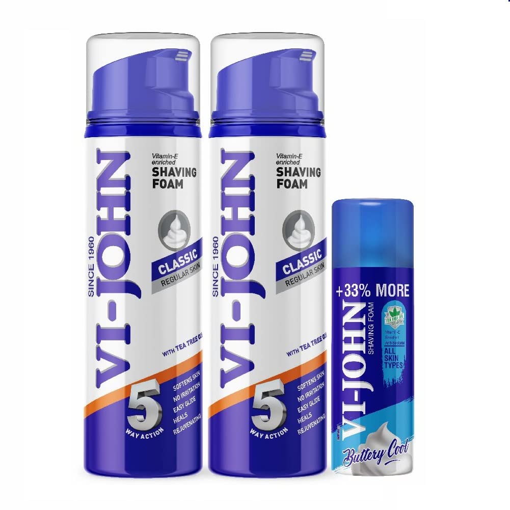 VI - JOHN Shaving Foam For Men,Classic Regular&All Skin Type Shaving Foam With Goodness Of Nature,Tea Tree Oil,Vitamin E Enriched And Anti- Bacterial Formula(450Gm Pack Of 3) (B0B1566PCV) Amazon Price History, Amazon Price Tracker