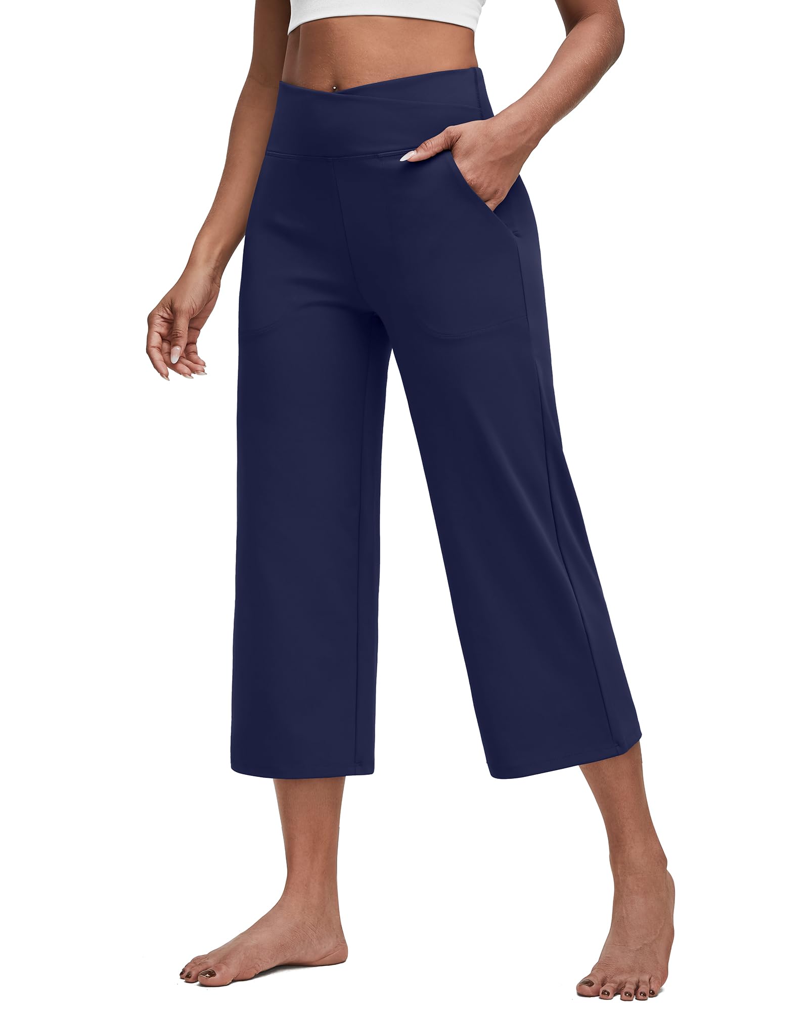 G4Free Capri Pants for Women Wide Leg Yoga Dress Capris with Pockets Cross Loose Casual Work Crop Pants
