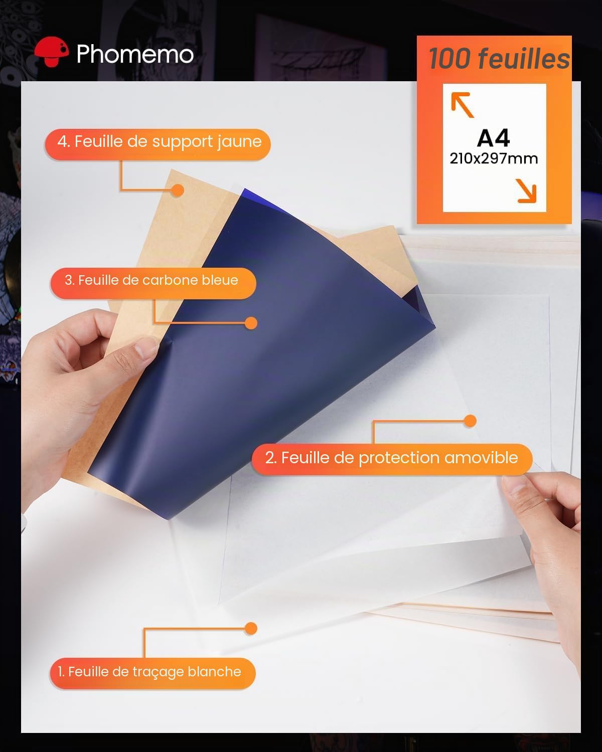 Phomemo Premium Papier Transfert Tatouage, M08F Papier Transfert Professionnel A4 pour Tatouage, Papier Stencil pour Tatouage Compatible avec Imprimante Tatouage M08F TP81 M08F Plus, 100 Feuilles
