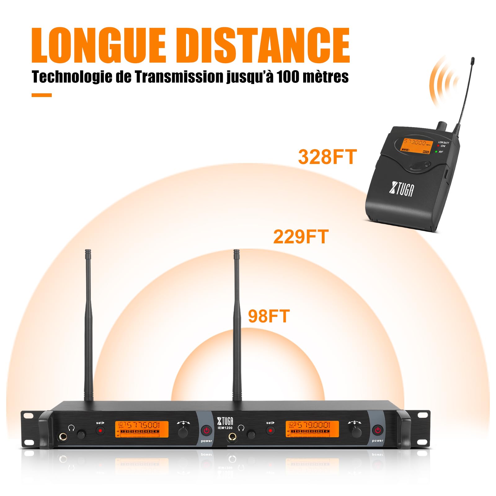 XTUGA IEM1200 - Sistema di monitoraggio wireless in Ear a 2 canali 6 Bodypacks con cuffie tipo wireless utilizzato per palcoscenico o studio, trasmissione in diretta, amplificatore per chitarra (6