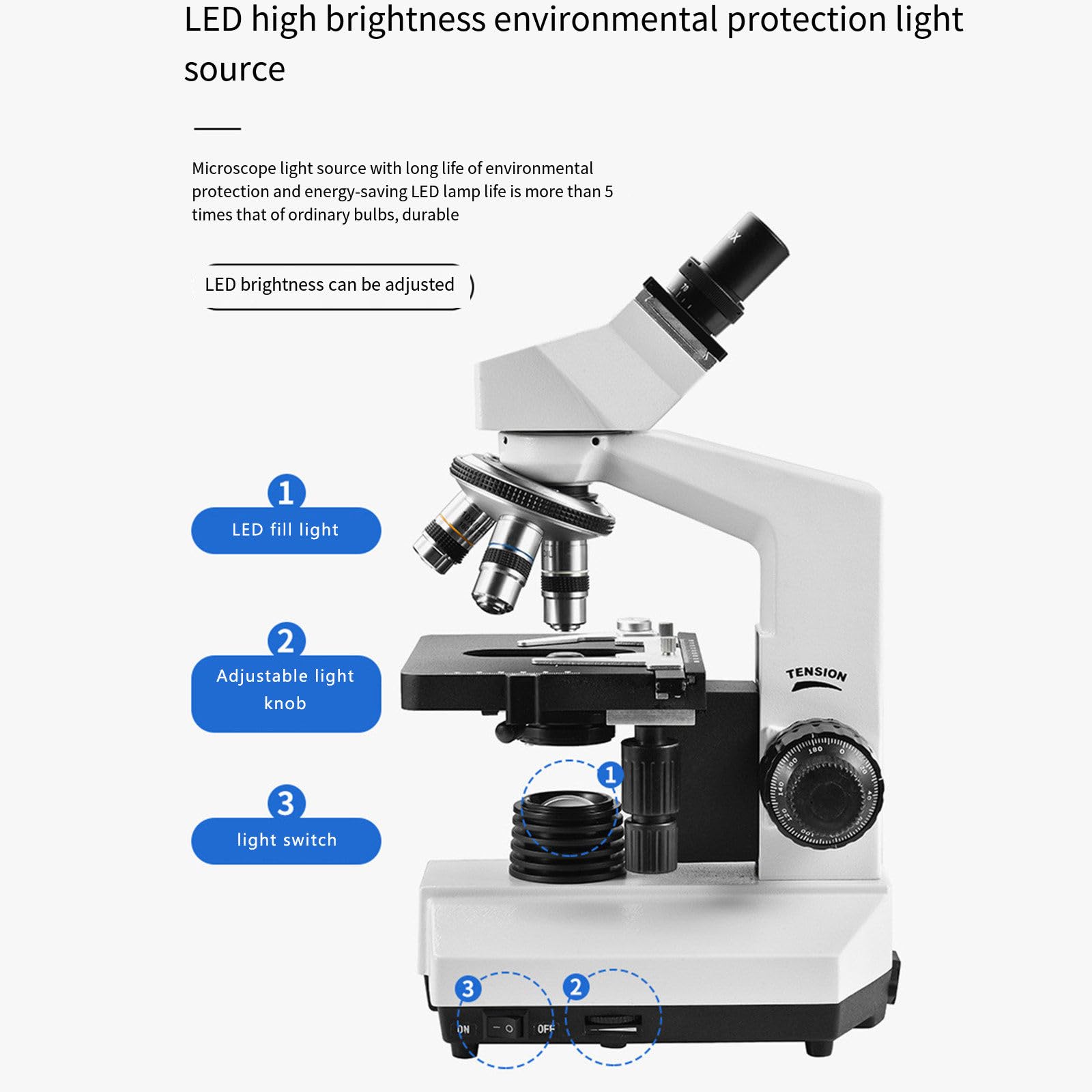 Microscopio biologico con sorgente luminosa HD LED, ingrandimento 40X - 1000X, palcoscenico metallico, design binoculare