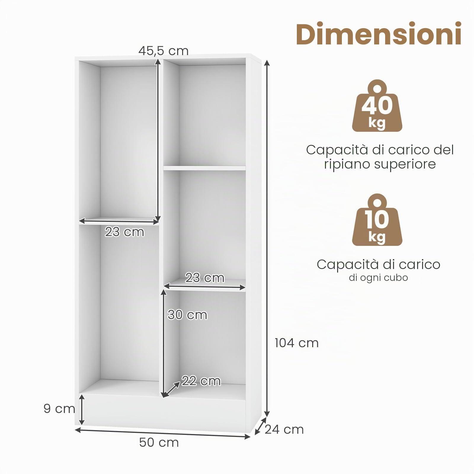 KOMFOTTEU Libreria aperta con 5 armadietti di 2 diverse dimensioni, scaffale per libri aperto, mobile in legno, gambe antiscivolo, 50 x 24 x 104 cm (bianco)