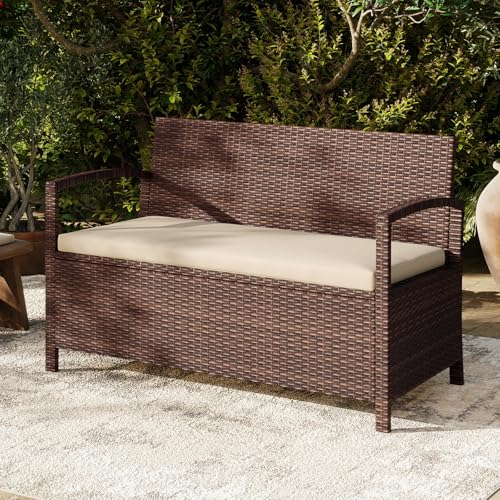 Image of Tangkula 42 Gallon PE Rattan Outdoor Bench with Storage & Cushions