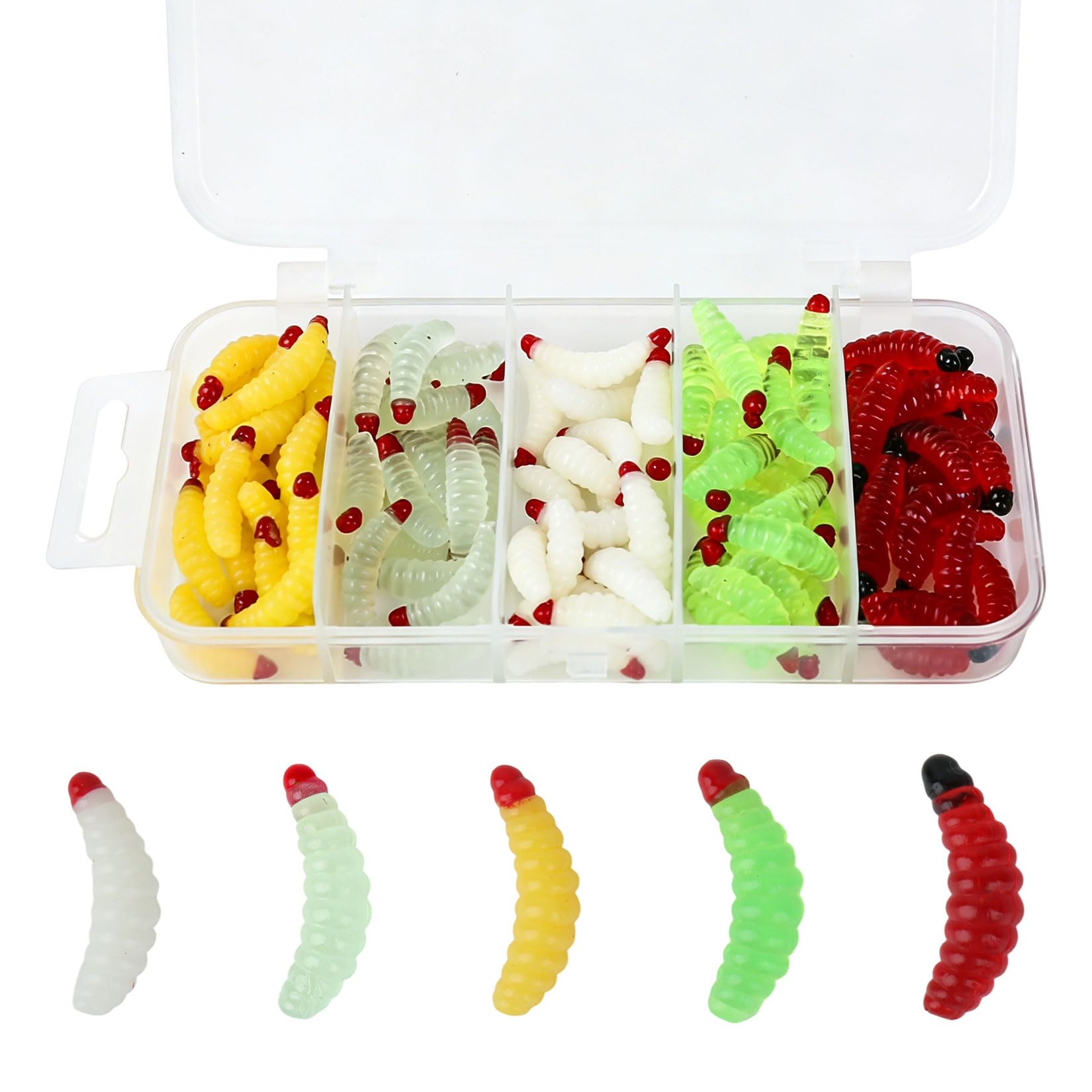 100 Pcs Kit de Señuelos de Pesca Suaves, Señuelos de PVC para Trucha, Perca y Lucioperca, Señuelo de Gusano de Blando para Cabezas Plomadas Estándar, Pesca de Lucio, Accesorios para Pescadores