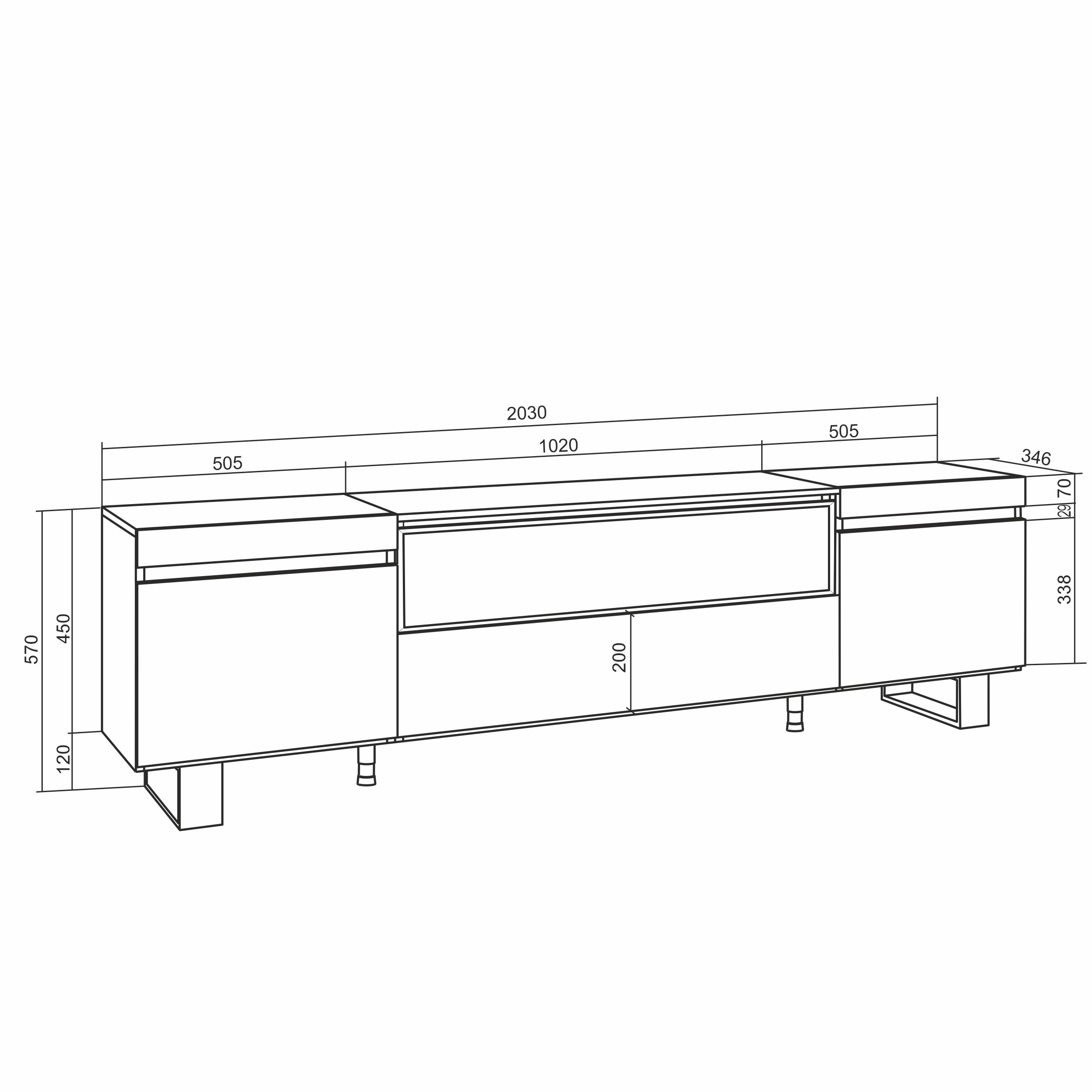 Skraut Home | Mueble TV | Televisión | Muebles de salón, almacenaje | 200x57x35cm | para TV hasta 80" | Diseño Industrial | Estilo Moderno | Roble