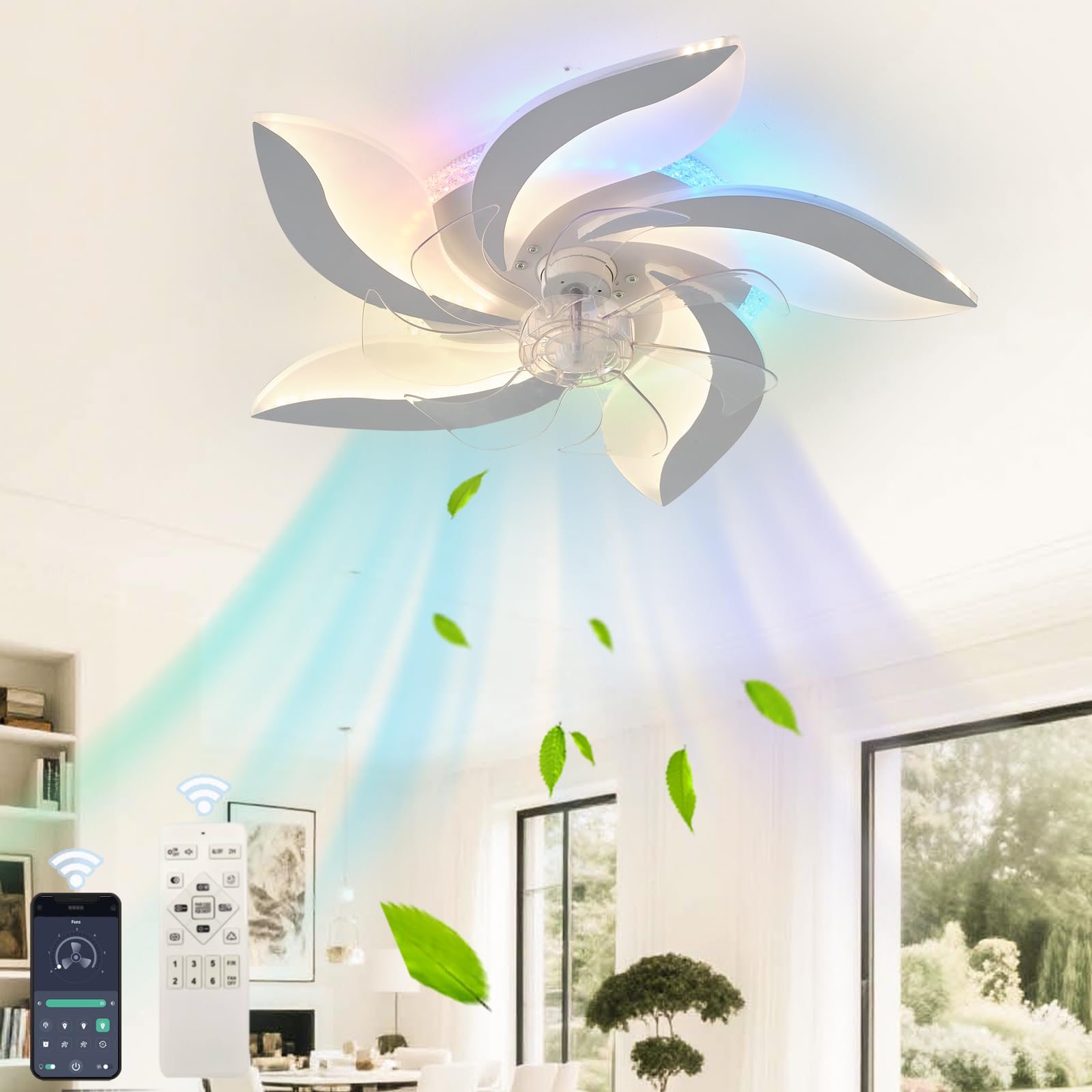 HXYSXHJUO RGB Smart Ceiling Fans with Lights Remote/APP, Bedroom Fan Lamp, Dimmable Living Room Light Ceiling, Winter and Summer Reversible for Lounge,Office