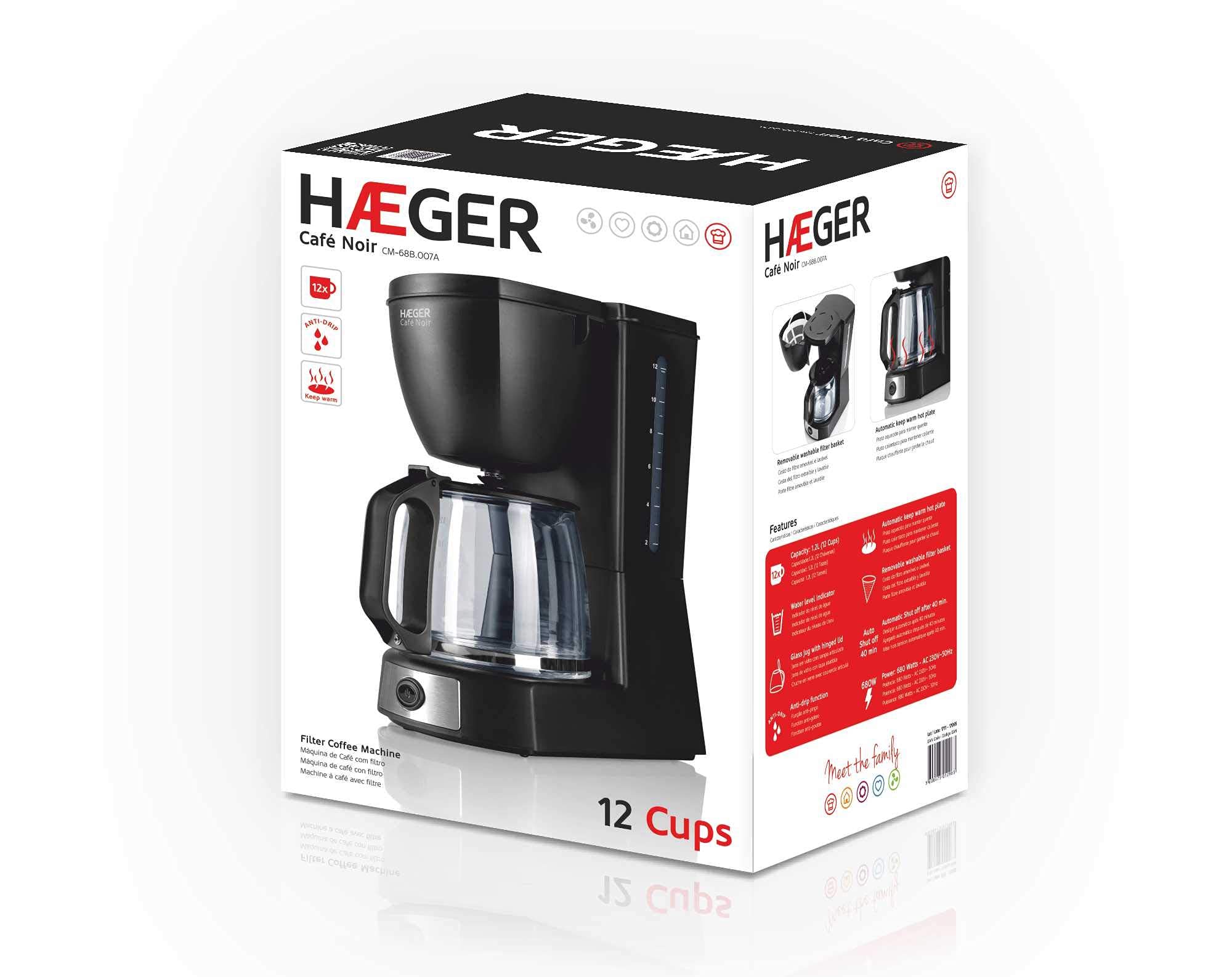 HAEGER CAFÉ Noir - Cafetera de Goteo, Capacidad 12 Tazas, 680W de Potencia, Placa calentado para Mantener el Calor, indicador de Nivel de Agua, Sistema Anti-Goteo, Jarra de Vidrio con Tapa articulada