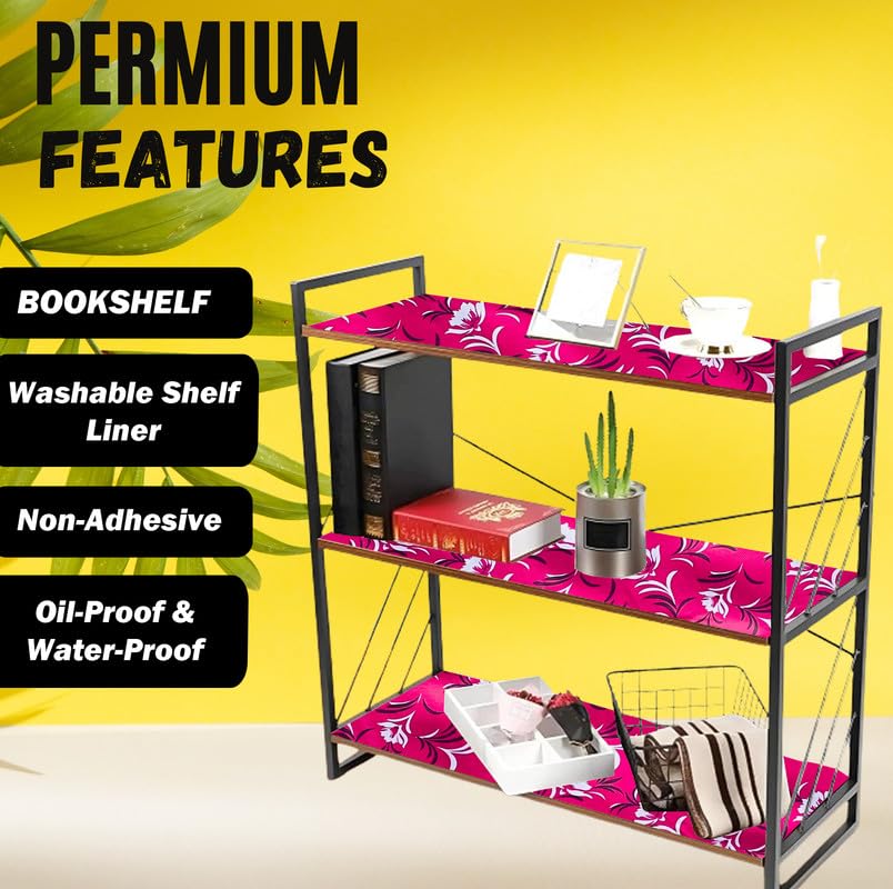 Image of Anti-Slip Kitchen Shelf Liner - 5 Meter Roll, Waterproof Multipurpose Mat for Fridge, Cabinet, Drawer, Trolley & Bathroom - Easy to Cut Floral Blue Print (Pink)