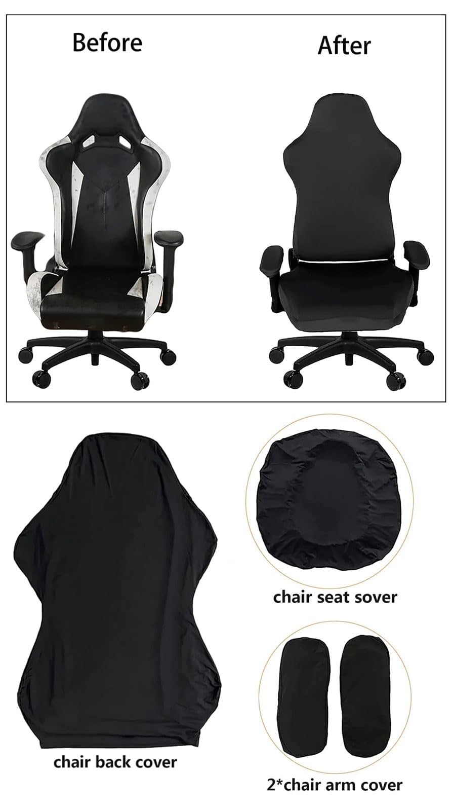 tintoke 4 Pièces HoussedeChaisedeBureauavecAccoudoirs,HoussesdeChaise de Gaming,HousseFauteuilBureau Lavable,Antidérapant,convientauxchaises de Jeu,chaises d'ordinateur,chaises pivotantes (Noir