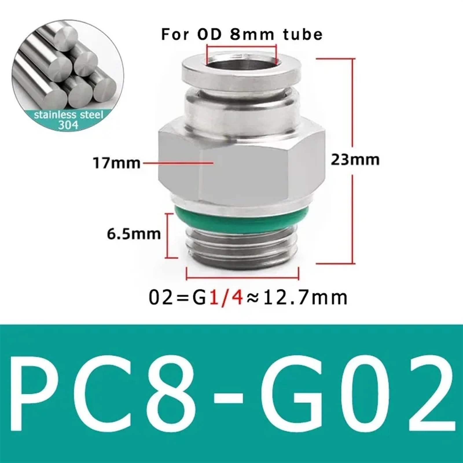 Conector de manguera de aire de acero inoxidable 304, conector de tubo neumático de rosca G for PC, 1/8, 1/4, 3/8, 1/2, M5, BSPT, acoplamiento rápido, 10 Uds.(Color:PC8-G02)