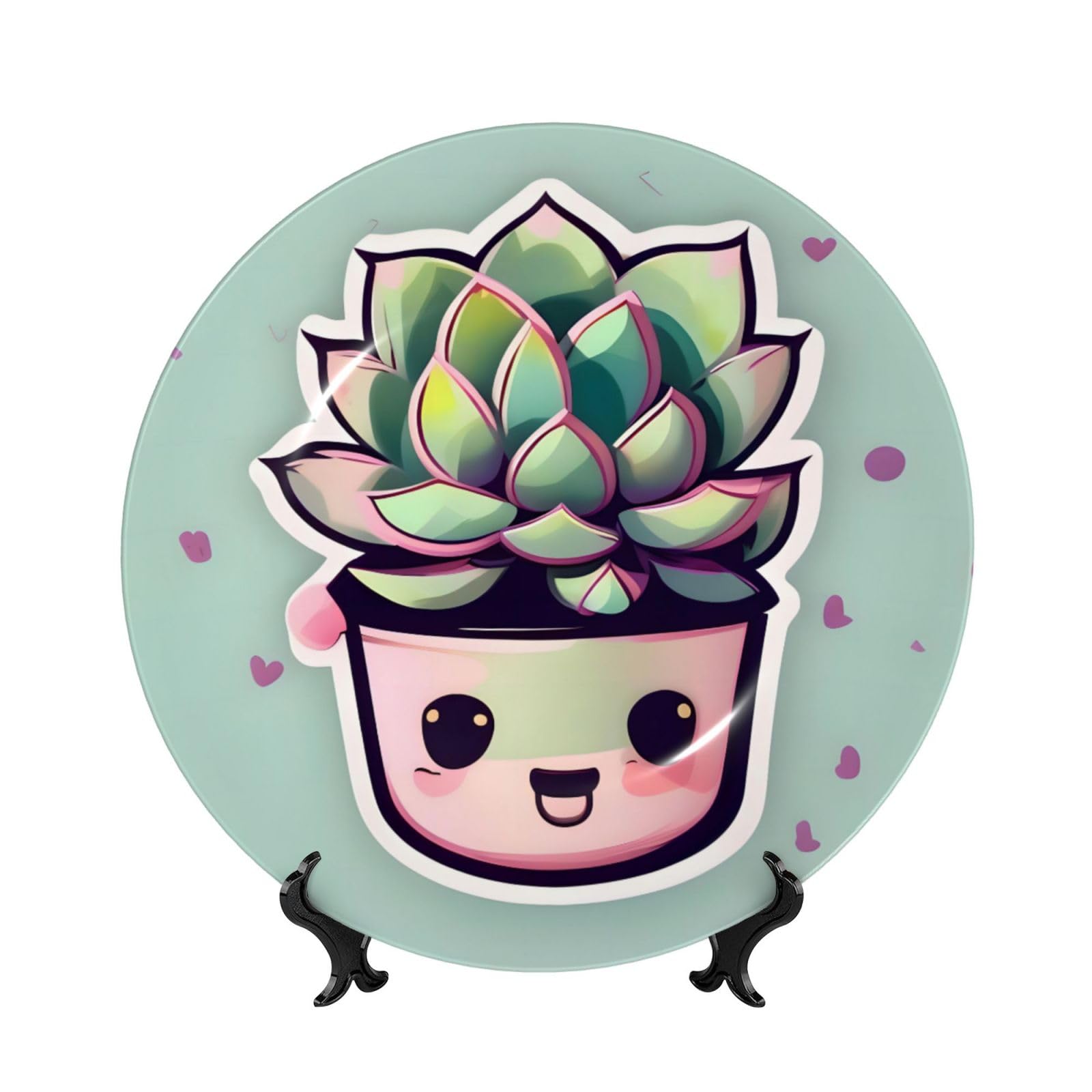 SXZVVBN Smiling Succulents Bone China Decorative Plate Art with Stand Removable Adhesive Hanging for Home Office 10in（25cm）