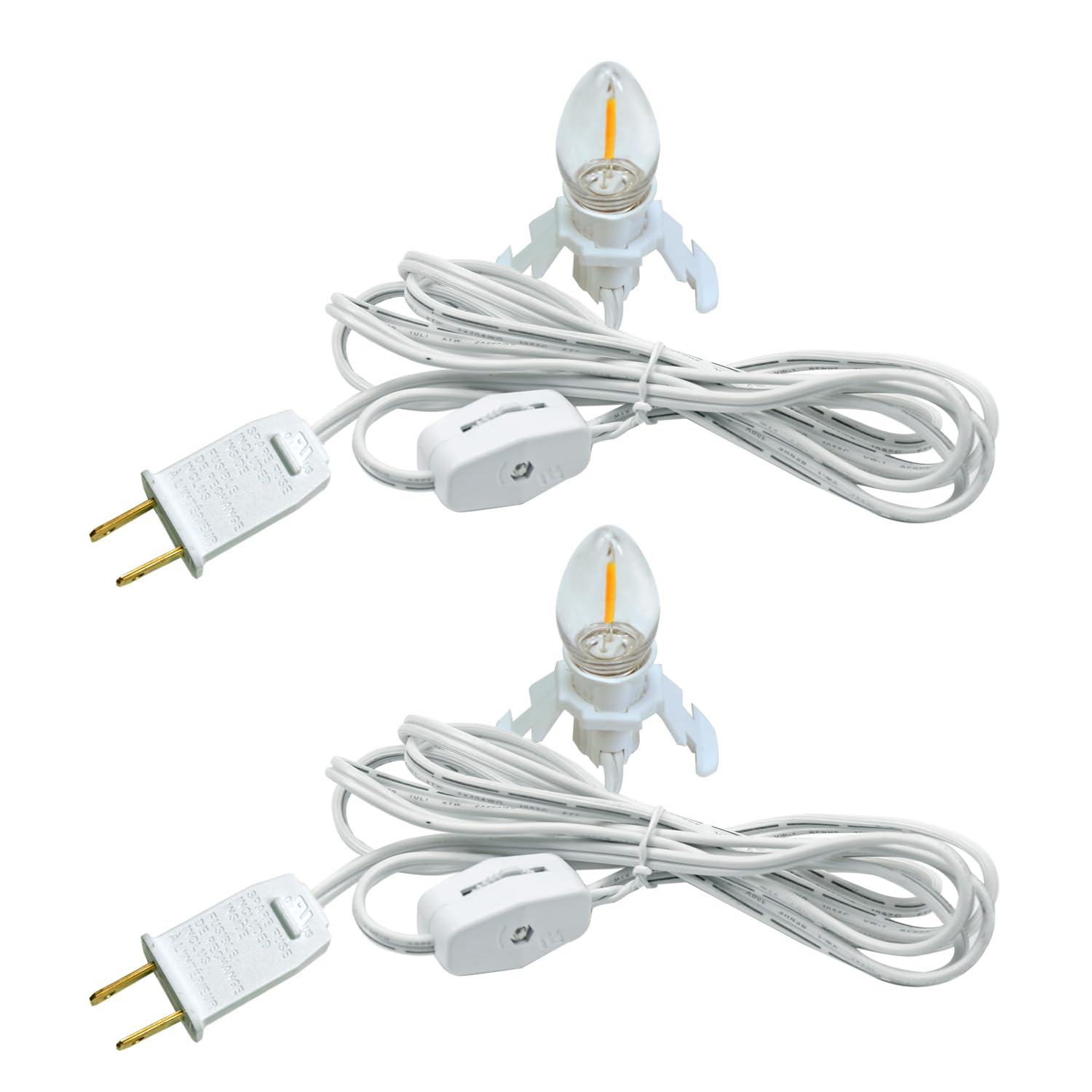 2 Pack Accessory Cord with LED Night Light Bulbs - White Cord with On/Off Switch Plugs - C7 led Bulb Warm White with Spare Fuse for Holiday Decoration and Craft Village House Decoration