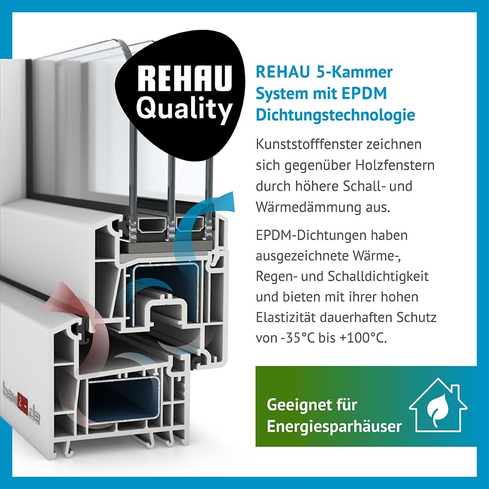 5 Classic Kunststoff-Fenster, Uw-Wert 1,2, BxH: 100x80cm / 1000x800mm, DIN links (Griff rechts), mit 3-fach Wärme-Isolier-Verglasung, Winkhaus Sicherheitssystem & Rehau Profil